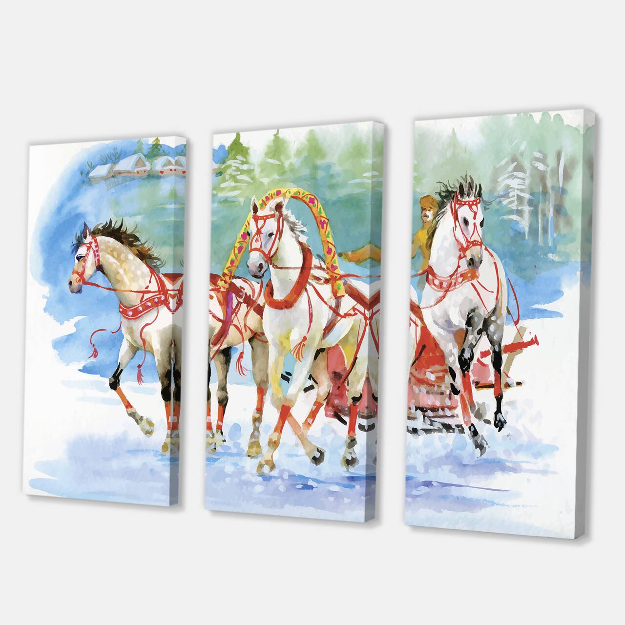 Designart - Galoping Horses With Carriage In The Snow - Farmhouse Canvas Wall Art Print